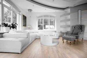 Living luminos, cu alb, negru și gri