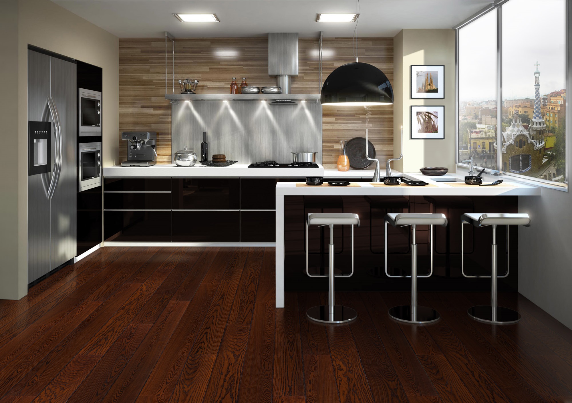 Bucătărie cu mobilă neagră, accesorii metalice și pardoseală cu aspect de lemn de cires
